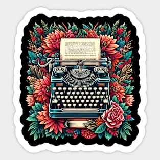 Nostalgic Typewriter surrounded by vibrant floral patterns Sticker